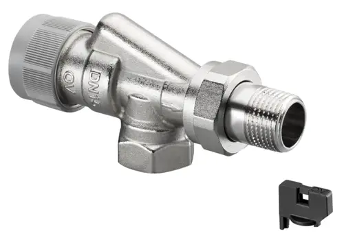 Thermostatventil von Oventrop mit metallischem Gehäuse und Anschlussmöglichkeiten für Rohrleitungen. Das Produkt zeigt eine Verbindung im Vorlauf.